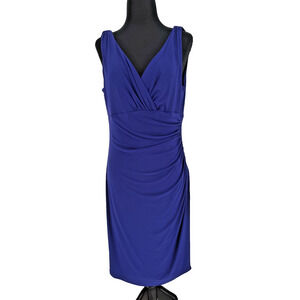 Lauren R. Lauren Purple Faux Wrap Dress Size 14 Lined Stretch Ruched V Neck